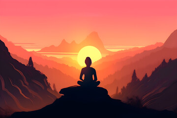 A monk sits in lotus pose in the sunset, person practices yoga and meditation radiating energy. Abstract illustration.
Generative AI.