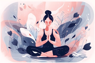 A woman sits in lotus pose, person practices yoga and meditation radiating energy. Abstract illustration.
Generative AI.