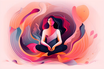 A woman sits in lotus pose, person practices yoga and meditation radiating energy. Abstract illustration.
Generative AI.