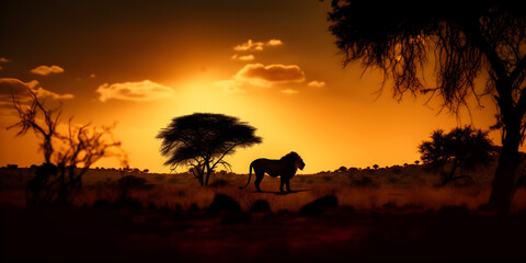 Obraz na płótnie Canvas African landscape at sunset with silhouette of a big adult lion roaring. National geographic. Generative AI. 