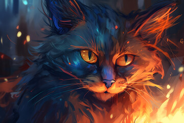 Anime cat portrait with rage in the eyes, oil painting, fire in the eye, orange blue theme.
Generative AI. 
