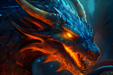 Anime dragon portrait with rage in the eyes, oil painting, fire in the eye, orange blue theme.
Generative AI. 