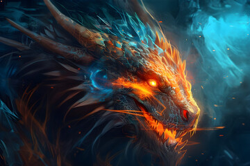 Anime dragon portrait with rage in the eyes, oil painting, fire in the eye, orange blue theme.
Generative AI. 