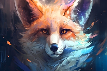 Anime fox portrait with rage in the eyes, oil painting, fire in the eye, orange blue theme.
Generative AI. 