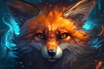 Anime fox portrait with rage in the eyes, oil painting, fire in the eye, orange blue theme.
Generative AI. 