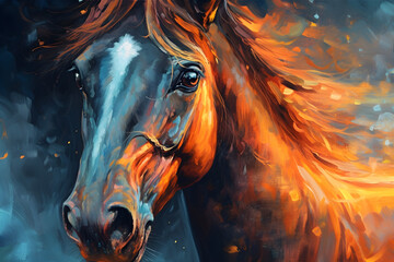 Anime horse portrait with rage in the eyes, oil painting, fire in the eye, orange blue theme.
Generative AI. 