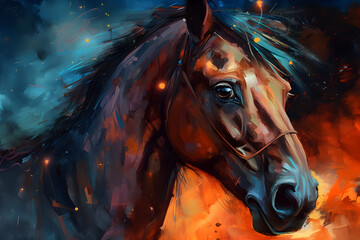 Anime horse portrait with rage in the eyes, oil painting, fire in the eye, orange blue theme.
Generative AI. 