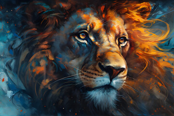 Anime lion portrait with rage in the eyes, oil painting, fire in the eye, orange blue theme.
Generative AI. 