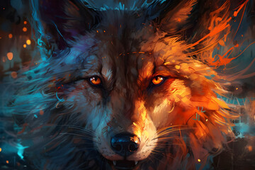 Anime wolf portrait with rage in the eyes, oil painting, fire in the eye, orange blue theme.
Generative AI. 