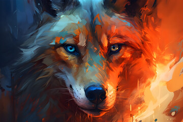 Anime wolf portrait with rage in the eyes, oil painting, fire in the eye, orange blue theme.
Generative AI. 