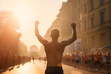Fototapeta na wymiar Back view, professional marathon runner rejoices in the victory crossing the finish line, blurred crowd in celebration, stunning sunlight. Generative AI. 
