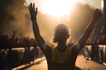 Fototapeta na wymiar Back view, professional female marathon runner rejoices in the victory crossing the finish line, blurred crowd in celebration, stunning sunlight. Generative AI. 