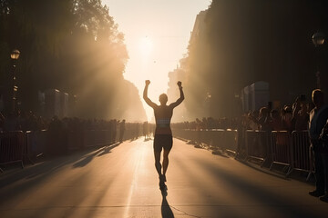 Back view, professional marathon runner rejoices in the victory crossing the finish line, blurred crowd in celebration, stunning sunlight. 
Generative AI. 
