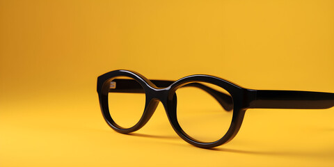 black glasses on yellow paper background. Copy space. Background for father's day design. 
Generative AI