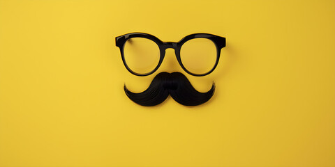 black glasses and mustache on yellow paper background. Copy space. Background for father's day design. 
Generative AI