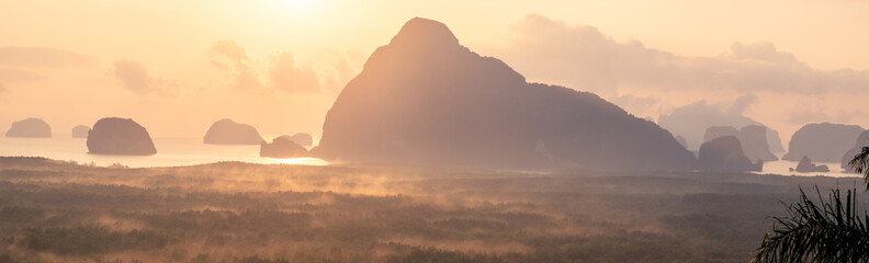 Panorama of Samed Nangshe viewpoint in sunrise, Phang Nga province, Thailand.