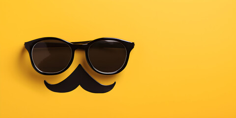 black glasses mustache on yellow paper background. Copy space. Background for father's day design. 
Generative AI