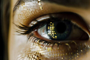Glitched eyes with digital information in the iris. matrix concept. sci-fi background. Yellow color. 
Generative AI. 