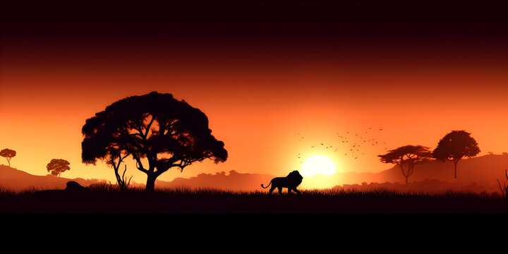 African landscape at sunset with silhouette of a big adult lion roaring. National geographic. 
Generative AI. 