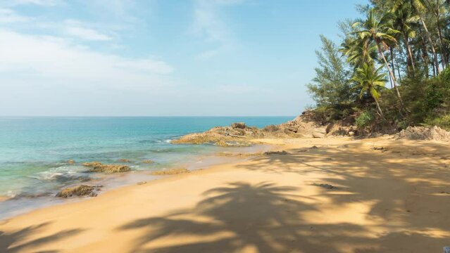 Timelapse resting place on a tropical beach. picturesque exotic landscape. palm trees on the seashore.