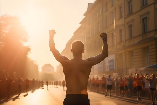 Back view, professional marathon runner rejoices in the victory crossing the finish line, blurred crowd in celebration, stunning sunlight. 
Generative AI. 
