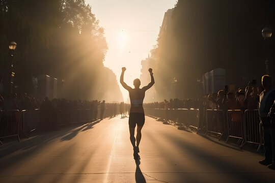 Back View, Professional Marathon Runner Rejoices In The Victory Crossing The Finish Line, Blurred Crowd In Celebration, Stunning Sunlight. 
Generative AI. 