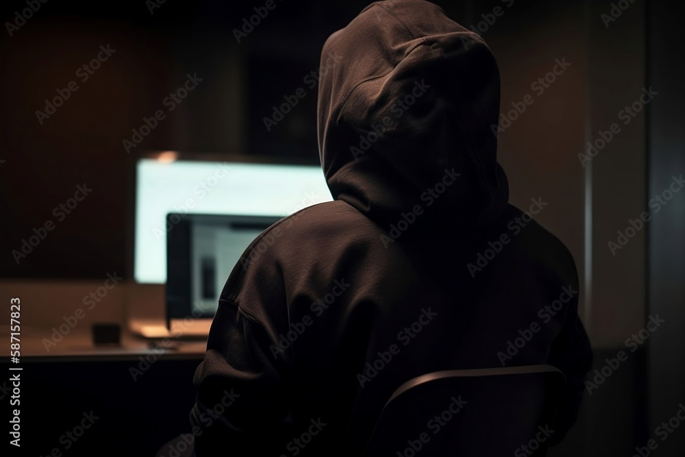Poster cybersecurity breach. hoodie-clad hacker stealing information online through network hacking and cri
