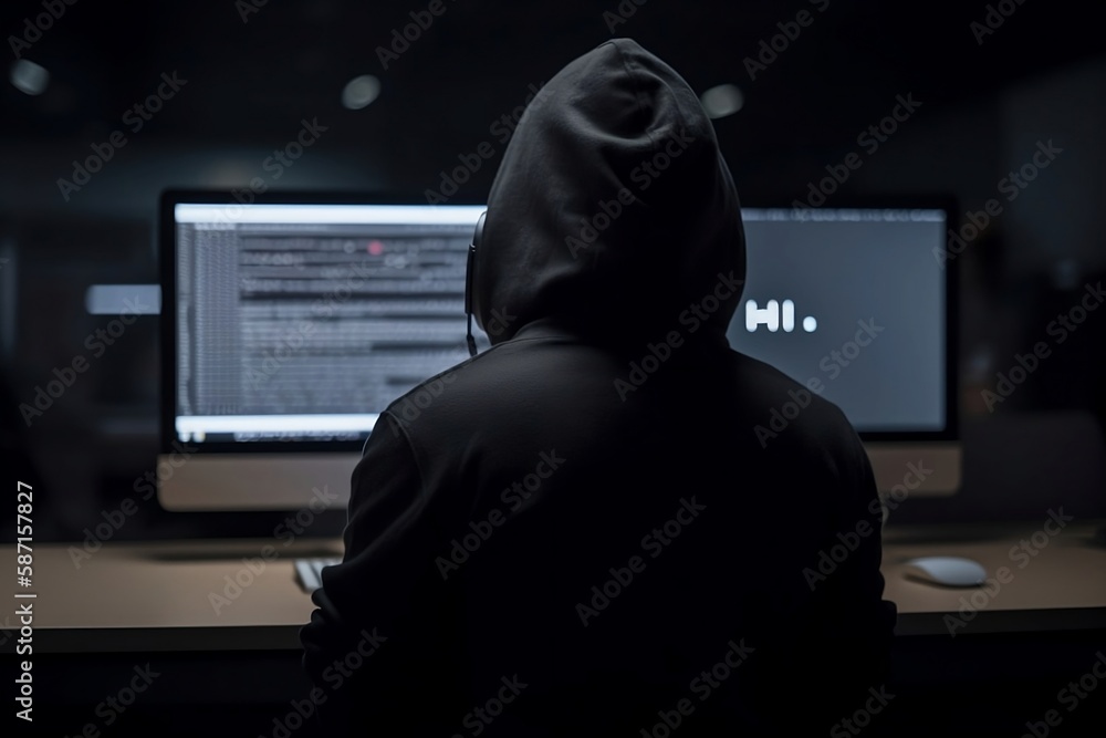 Poster cybersecurity breach. hoodie-clad hacker stealing information online through network hacking and cri