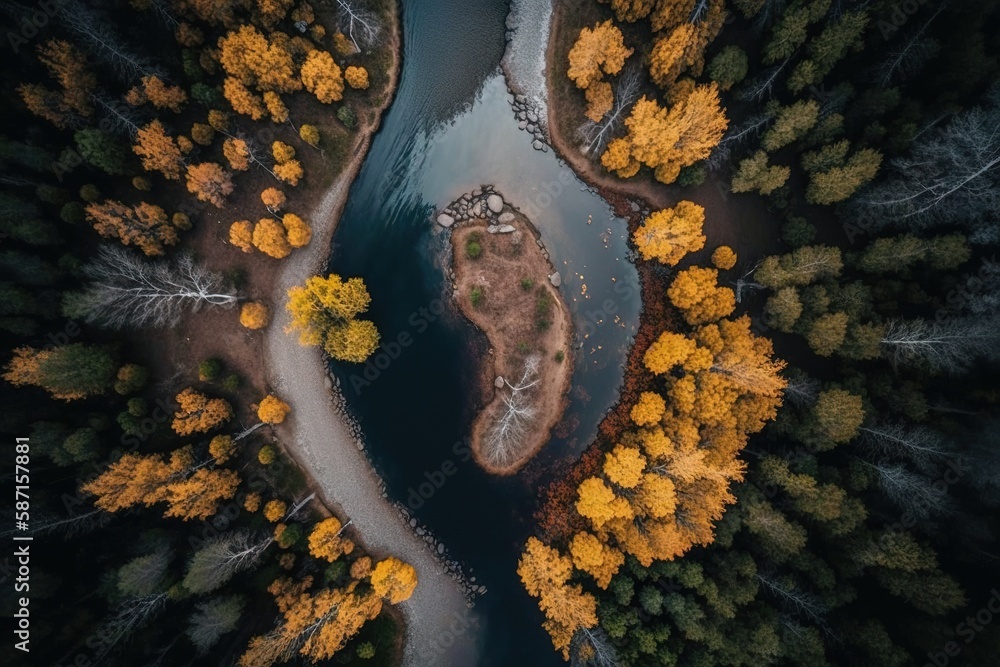 Poster aerial view of a river running through a forest of brown and yellow trees. generative ai