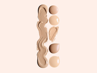 Composition with various a swatch of cosmetics skin foundation on a pastel beige background. Cosmetics swatch with makeup concealers, cream, foundation.