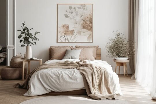 A wooden bedside table and bed with pillows and blankets are next to a floral picture in a frame. There is also copy space on the wall. Generative AI