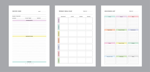 3 set of recipe card and groceries list and weekly meal planner. Vector illustration. 