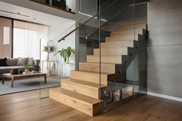 a contemporary interior design element featuring glass fencing and wooden stairs, generative AI