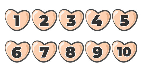 Dark gray numbers with white border on a pink heart with stroke from 1 to 10 for any design with dates, just for a greeting card or serial number