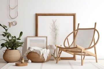 Mock up frame in white room with natural wood furnishings,. Generative AI