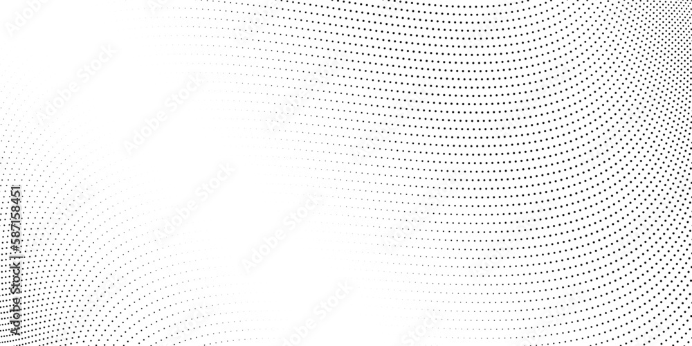 Poster Halftone wave lines background. Abstract dotted stripes texture. Warped and curved lines wallpaper. Vector design template