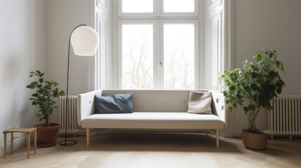 Fototapeta na wymiar A living room with a sofa and a window with a plant on it. Generative AI