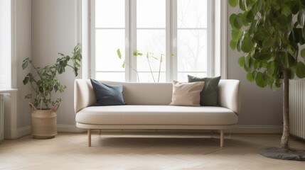 A living room with a sofa and a window with a plant on it. Generative AI