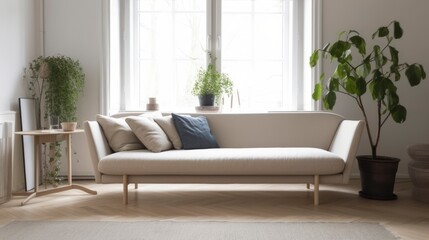 A living room with a sofa and a window with a plant on it. Generative AI