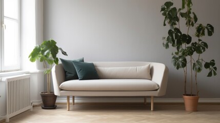 Obraz na płótnie Canvas A living room with a sofa and a window with a plant on it. Generative AI