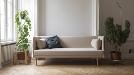 A living room with a sofa and a window with a plant on it. Generative AI