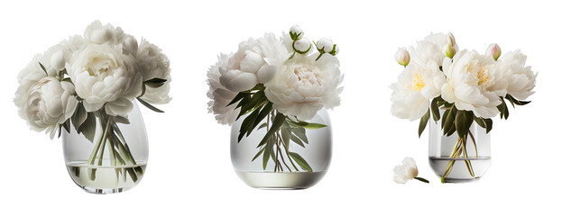 Group of 3 vases of white peony flowers.  Isolated on transparent background. Created using Generative AI.