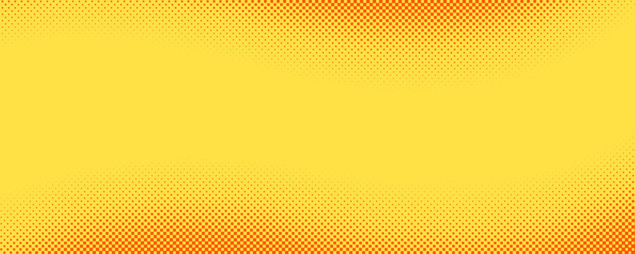 Yellow orange square halftone pattern. Retro comic gradient background. Dotted cartoon texture. Pop art faded gradient pattern. Vector illustration.