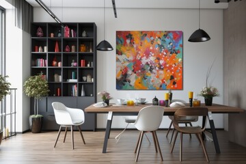 An beautiful dining room interior with a design table, contemporary chairs, decorations, fruits, a bookcase, abstract mock up paintings, and elegant home décor accessories. Generative AI