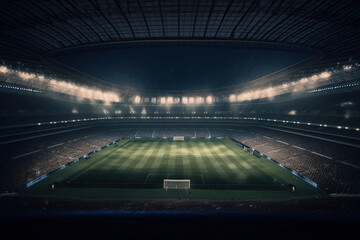 Empty soccer stadium at night with lights and spotlights. Generative AI