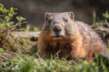 Naklejka na ściany i meble A wild groundhog was spotted in Wheeling, West Virginia, on a beautiful day. Generative AI