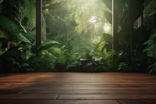 Wooden floor in tropical garden with sunlight. Generative AI