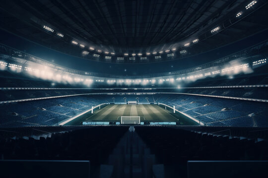 Empty football stadium with lights and seats, Generative AI