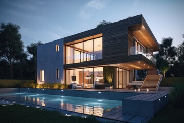 Fototapeta premium Very modern luxury house with light up pool, evening. High quality generative ai