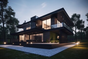 Very modern luxury house, evening. High quality generative ai